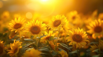 Obraz premium Sunflower field in warm sunshine