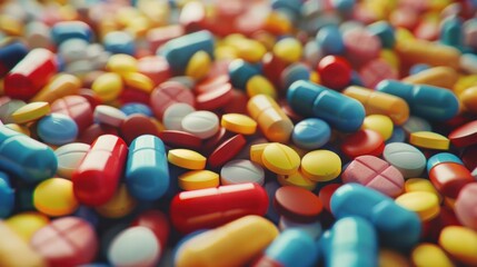 A large pile of colorful pharmacy pills is stacked on top of a table.