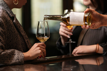 Close up of two female hands holding glasses of wine.