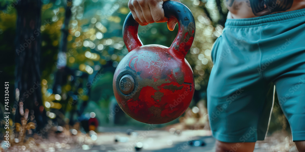 Wall mural grasping strength, kettlebell workout. close-up of male muscular arm gripping heavy kettlebell on si