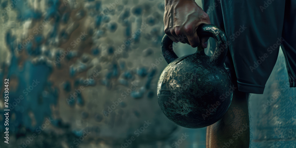 Wall mural Grasping Strength, Kettlebell Workout. Close-up of male muscular arm gripping heavy kettlebell on simple background with copy space, weight in hand.