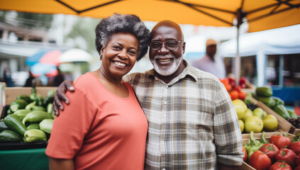 A cheerful African American senior couple navigate a bustling farmer's market, as they explore the delights of sustainable and healthy living in retirement.