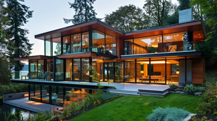 Exterior of dark mysterious luxury villa surrounded with trees. Quiet place for live. Generative AI