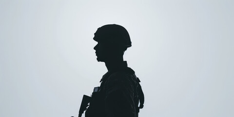 Soldier's Silhouette Against simple Background with copy space. Silhouette of a soldier, wearing military uniform isolated on white. - obrazy, fototapety, plakaty