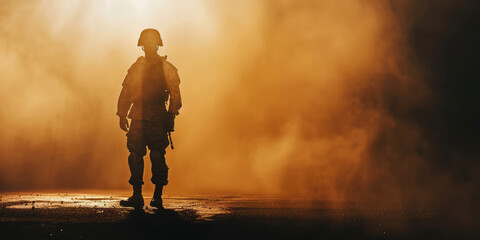 Soldier's Silhouette Against simple Background with copy space. Silhouette of a soldier, wearing military uniform.