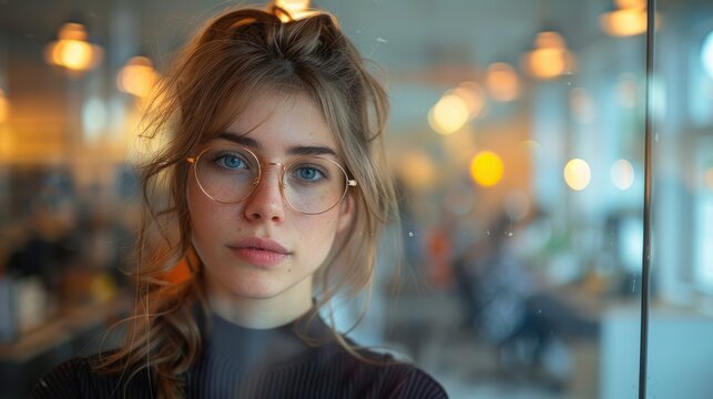 A candid shot of a young woman wearing glasses, gazing out a window.