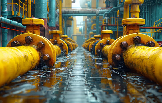 Yellow pipes and valves in factory