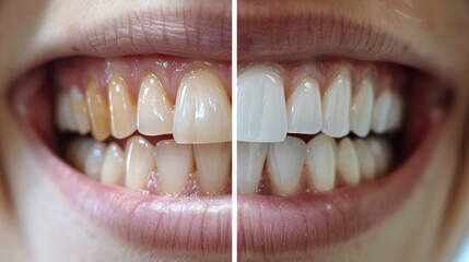 A visual depiction of a womans teeth before and after undergoing a whitening treatment, illustrating a noticeable improvement in their brightness and overall appearance.