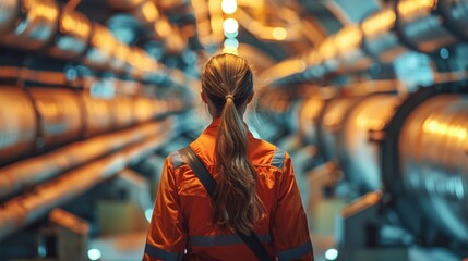 A female worker in an orange jacket is standing inside a tunnel, surrounded by industrial pipes.