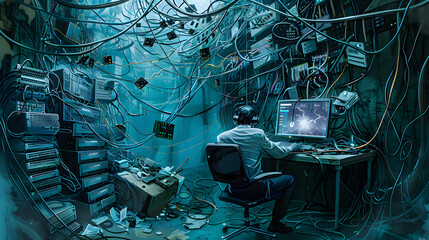 the personification of DNS and SNMP packets battling it out in a sea abyss of 1s 0s with network cables and information packets flying around giant building like servers, a long network admin sitting 