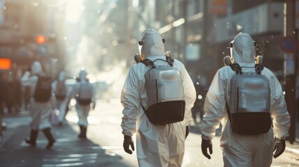 Two individuals dressed in white biohazard suits walk along an urban street, their protective attire contrasting with the surroundings.