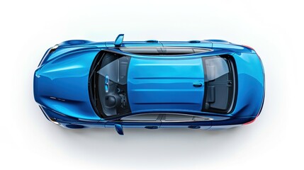 An aerial perspective of a sleek blue sports car parked on a clean surface.