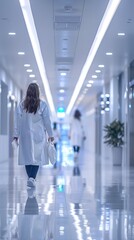 A female healthcare professional wearing a lab coat walks purposefully down a hospital hallway.