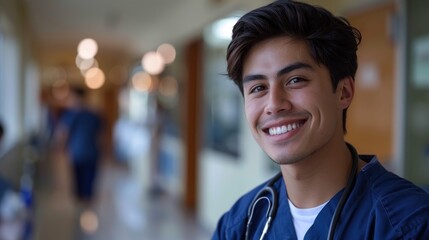 Fototapeta premium A young man, dressed in hospital attire, smiling brightly while standing in a hospital hallway.