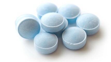 A collection of blue pills neatly stacked on a table.