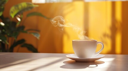 A freshly brewed cup of steaming coffee placed on a wooden table, emanating warmth and inviting aroma. - obrazy, fototapety, plakaty