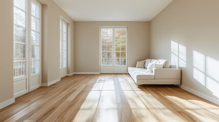 Fototapeta premium Bright empty room with hardwood floors, large windows, and a single white sofa.