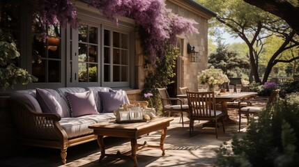 Obraz premium An outdoor sanctuary with tender lavender and shadowed violet patio furniture
