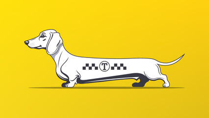 Vector funny cartoon black and white cartoon very long dachshund breed dog with taxi symbols on its side. Friendly house pet. Bright yellow background.