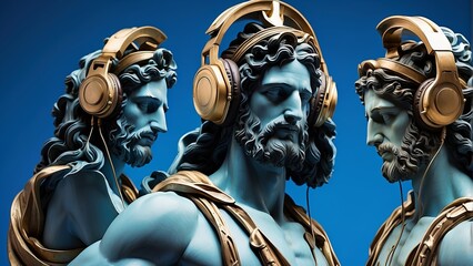 Greek god statue wearing headphones listening to music, blue background - obrazy, fototapety, plakaty