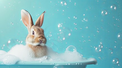Easter bunny bathes in a bath on a blue background with copy space