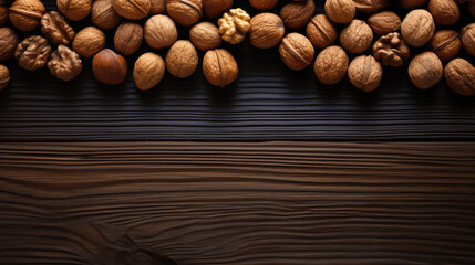 Walnuts spilled on light wood table
