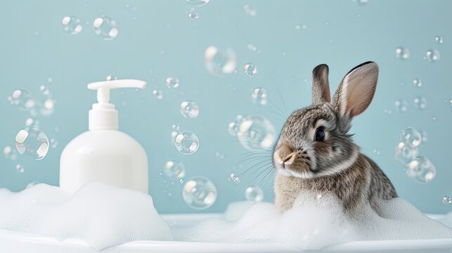 Easter bunny bathes in a bath on a blue background, next to the bunny is a bottle of shampoo