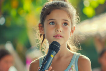 A young girl, confidently speaking into a microphone at a community event, expressing her strong beliefs with poise. - obrazy, fototapety, plakaty