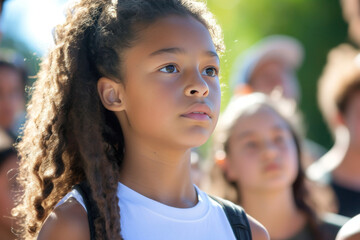 A young girl, standing in front of a school, leading her peers in a rally for educational reform, full of conviction and hope. - obrazy, fototapety, plakaty
