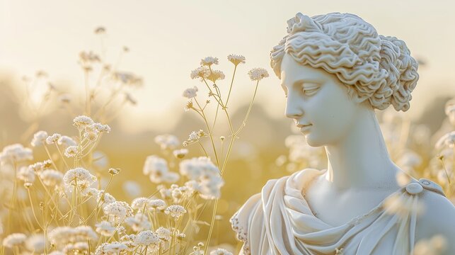 Statue of sensual Greek goddess woman n white wildflowers, pastel background