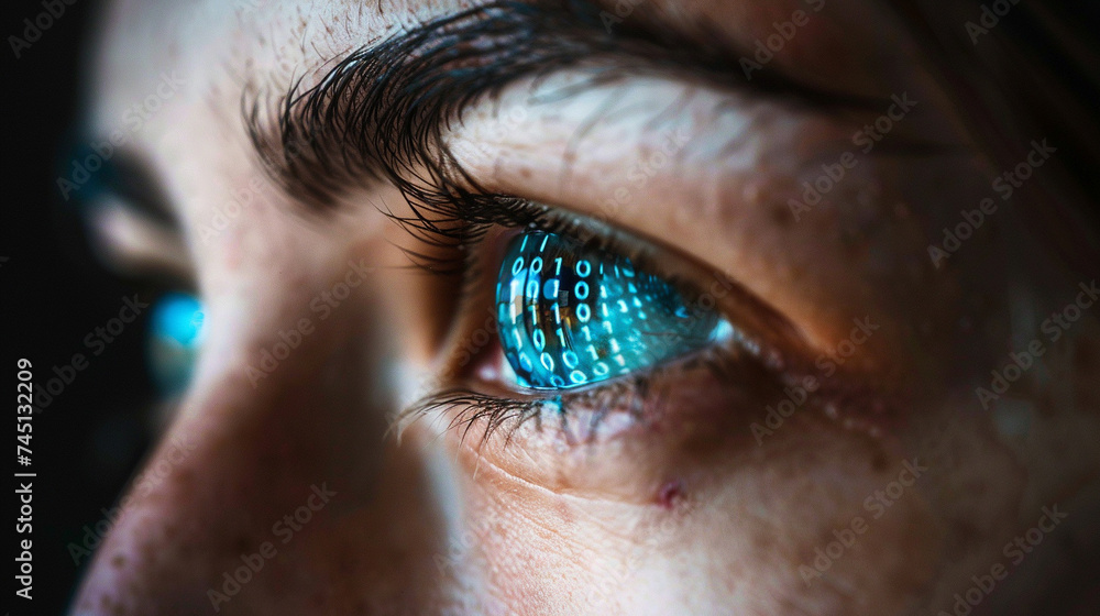Poster binary code reflecting in the eyes of a person revealing a world where technology and humanity merge