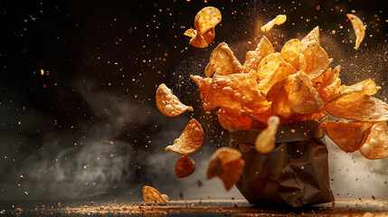Photography of a bag of chips exploding with chips flying out like fireworks studio light