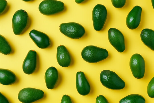 Fresh avocados arranged in a pattern on a bright yellow background, pop art design.