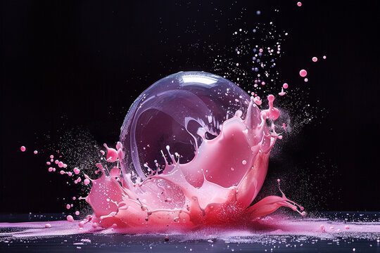 Photography of a bursting bubble gum bubble with exaggerated pink splashes studio light