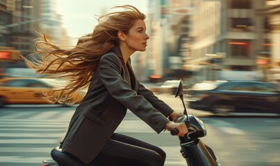 A young beautiful businesswoman in a suit is riding a scooter.  Long hair, flowing freely in the wind. New York
