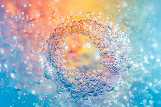 Photography of a sparkling water bubble burst with a rainbow effect studio light