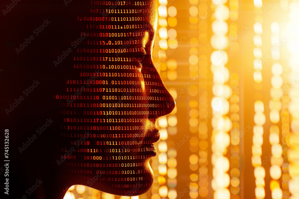 Aufkleber the silhouette of a face against a backdrop of glowing binary code representing the digital footprin