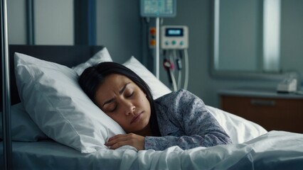Sick Woman Sleeping on a Bed in the Hospital