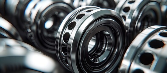 This close-up shot showcases a cluster of deep groove ball bearings, essential components that offer exceptional stability and efficiency to various machine elements. These units are neatly arranged - obrazy, fototapety, plakaty