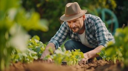 Man planting crops in communal garden, Man gardening in the backyard garden.