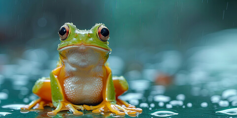 Green frog sitting in a puddle. Leap day, one extra day 29 February - obrazy, fototapety, plakaty