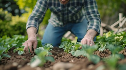 Fototapeta premium Man planting crops in communal garden, Man gardening in the backyard garden.