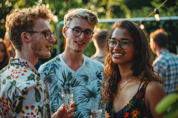 young people in a party with glasses in hand, summer vibe outdoor festive gathering