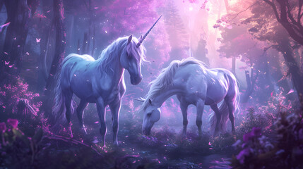 Obraz na płótnie Canvas Enchanted Forest with Two Unicorns in Mystical Purple Light