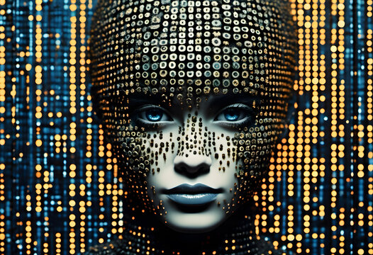 Futuristic female android with digital code background, concept of artificial intelligence.