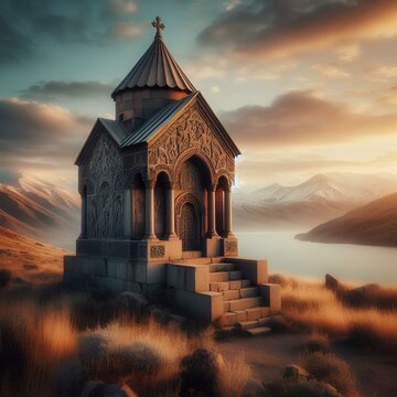  Armenian architectural shrines - ancient khachkars near the Artsvatrich chapel on the shore of Lake Sevan