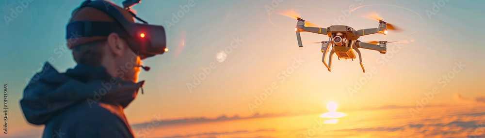 Poster man operating a drone against the backdrop of a stunning sunset, showcasing the intersection of tech