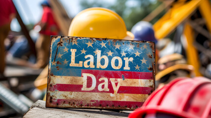 Labor Day Patriotic Rustic Metal Sign Construction Helmets Background