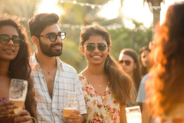 young Indian people in a party with glasses in hand, summer vibe outdoor festive gathering - obrazy, fototapety, plakaty