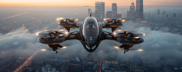 futuristic military drone soaring over the city, depicting a scene of advanced technology and...